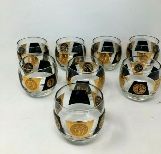Set Of 8 Vintage Cera Black And Gold Coin Roly Poly Tumblers Barware Mid Century
