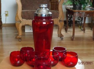 Vintage Ruby Red Glass & Chrome Cocktail Shaker W/ 7 Glasses