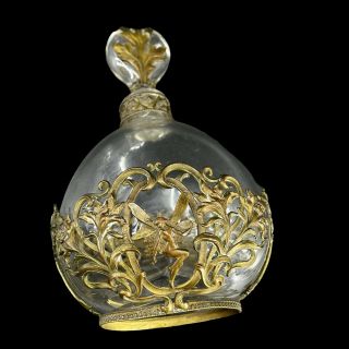 Vintage Crystal Clear Decanter Perfume Bottle Brass Fairies Cage Heart Stopper