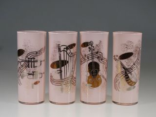 Set Of 4 Mid - Century Modern Pink & Gold Musical Instruments Ice Tea Tumblers 50s