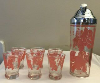 Vintage Hazel Atlas Pink Elephant Cocktail Shaker & 6 Matching Shot Glasses 3 Oz