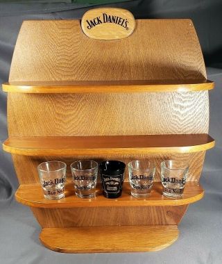 Set Of 22 Jack Daniels Shot Glasses & Wood Wall Rack