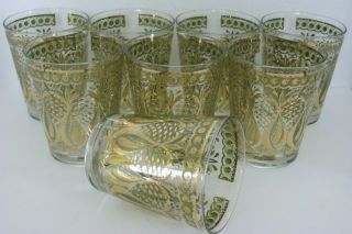 Mid - Century Low Ball Glasses Green And Gold Weighted Bottoms Flared 4 1/2 In - 8