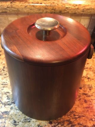 Vintage Mid Century Ice Bucket Vermillion Solid Walnut Wood Plastic Lined