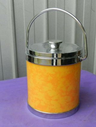 Vintage Ice Bucket Biscuit Container Faux Leather Chrome Handle Japan 1960s