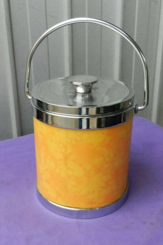 Vintage Ice Bucket Biscuit Container Faux Leather Chrome Handle Japan 1960s 2
