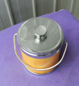 Vintage Ice Bucket Biscuit Container Faux Leather Chrome Handle Japan 1960s 3