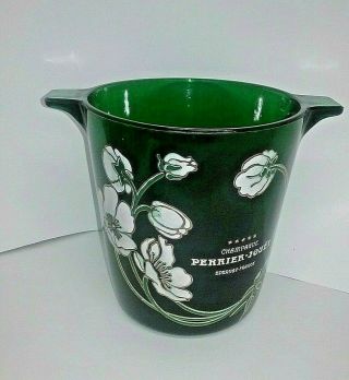Vintage Green Perrier - Jouet Glass Champagne Ice Bucket With Painted Flowers