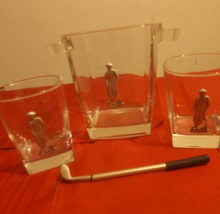 Arthur Court France - Pewter Golfer Glass Ice Bucket,  Glasses,  Putter,  Knife