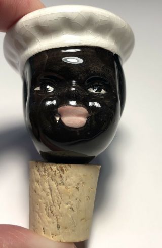Rare Vintage Black Americana Male Chef Ceramic Wine Bottle Cork Stopper Exc Cnd
