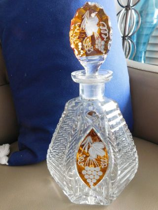 Mid Century Lead Cut Crystal Hexagonal Decanter Stopper Amber Clusters Carving