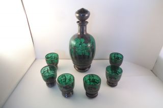 Vintage Emerald Green Glass Silver Overlay Lake Scene Wine Decanter & 6 Cordials