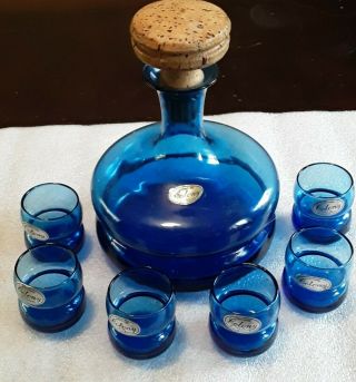 Vtg Cobalt Blue " Colony " Glass Liquor Decanter W 6 Shot Glasses.  Great Cond