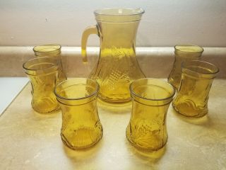 Vintage Amber Glass Pitcher With 6 Glasses Made In Italy Mid Century Corn Wheat