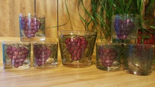 Vintage Georges Briard Glass Ice Bucket & 6 Glasses Purple Grapes Signed 4.  75 "