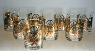 Set Of (8) Vintage Culver " Yule Horn " Pattern Christmas Old Fashion Glasses