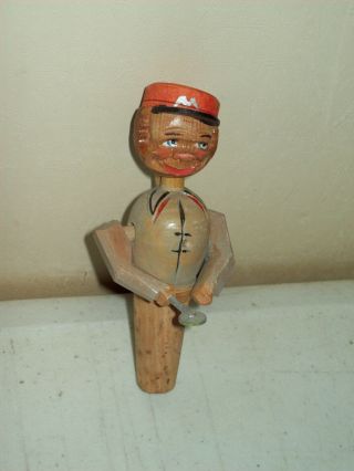 Vintage Hand Carved Wooden Mechanical Wine Cork Stopper Made In Italy