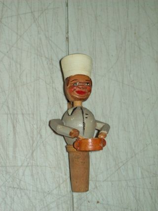 Vintage Hand Carved Wooden Mechanical Wine Cork Stopper Made In Italy Chef