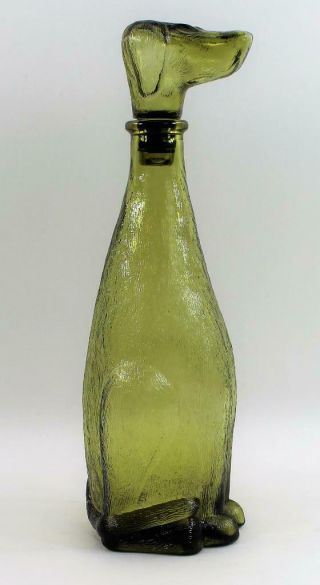 Vintage Olive Green Glass Dog Wine Liquor Decanter 12.  5 " Tall
