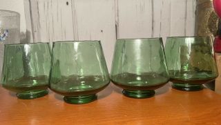 Vtg Set Of 4 Mid Century Modern Green Glass Rocks Whiskey Scotch Bar Glasses