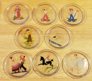 Set 8 Vintage Glass Pin - Up Girl Drink Coasters 1940s Art Deco Retro Old Stoc