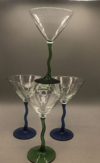 Set Of 4 Vintage Libbey Martini Glasses “zig Zag” Cobalt Blue & Forest Green