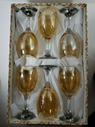Cristalleria Fratelli Fumo Wine Glasses Set Of 6 Amber W/ White Design Italy