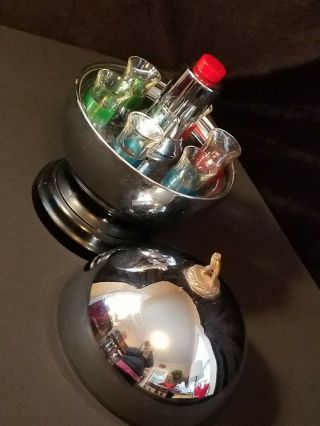 Vintage Mid Century Modern Bowling Ball Liquor Dispenser With 6 Shot Glasses