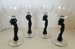 Set Of 4 Cambridge Black Ebony Nude Stem Liquor Cocktail Glasses