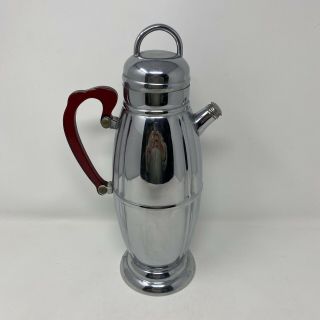 Vintage Art Deco Chrome Cocktail Shaker With Red Bakelite Handle 13 " Tall