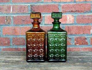 Set Of 2 Glass Decanters - Vintage Green & Amber Diamond - Cut Cruets From Taiwan