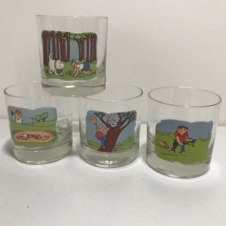 Set Of 4 Vintage Ashby Golf Low Ball Cocktail/whisky Glasses Funny Cartoon