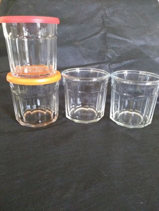 Set Of 4 Vintage Luminarc 500 Glass Tumblers 10 Panel 12oz Clear And 2 Lids