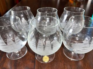 Set Of 6 Toscany Vintage Etched Glass Brandy Snifter Sailing Ship Glasses