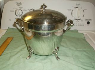 Vintage Crescent Silver Plated Ice Bucket With Lid,  Pyrex Glass Liner And 4 Claw