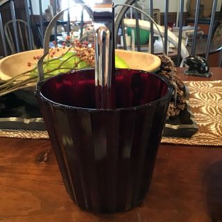 Vintage Depression Glass Ruby Ice Bucket With Handle And Tongs