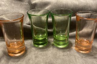 Vintage Set Of 4 Shot Glasses Pink & Green 2 3/8 " Heigh