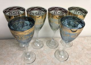 Set Of 6 Vintage Wine Glasses Gold Trim 2 Blue & 4 Green 7 - 1/2 " Height
