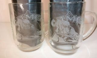 Set Of 2 Camel 20oz Etched Glass Mugs - - Joe Camel Playing Pool - - Beer Mug