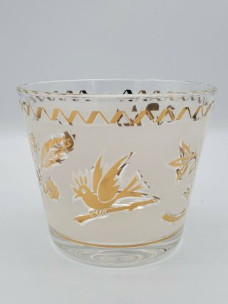 Vintage Mid - Century Modern Gold & Glass Ice Bucket Bird Leaf Motif Barware Rare