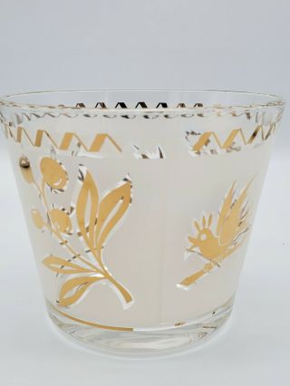 Vintage Mid - century Modern Gold & Glass Ice Bucket Bird Leaf Motif Barware RARE 3