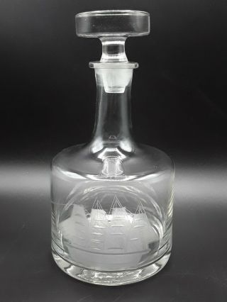 Vintage Etched Glass Clipper Ship Decanter Nautical Bar Bottle 10.  25 " X 5.  50 "