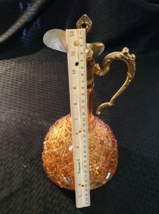 Vintage / Antique? Amber Cut Glass & Brass Decanter Cork Stop 12 " Tall