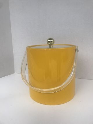 Vintage Ice Bucket Mid Century Modern Yellow Vinyl Lucite Handle Brass Sigma