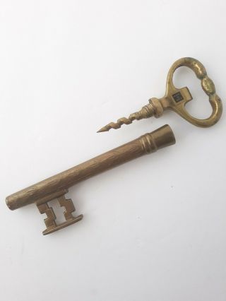 Vintage Heavy Brass Skeleton Key Hidden Corkscrew Wine Bottle Opener 6 " Patina