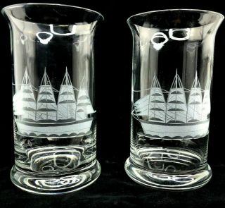Toscany Romania Crystal Highball Clipper Tumbler Glasses Handblown Etched Ship