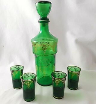 Forest Green Glass Liquor Decanter With 4 Shot Glasses Set Gold Trim Vintage