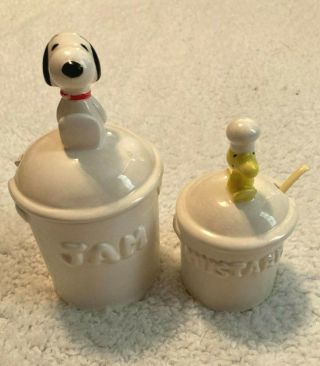 Vintage Peanuts Snoopy & Woodstock White Ceramic Jam (1958) & Mustard (1965) Jar