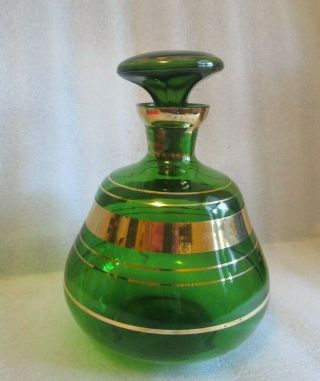 Vintage Western Germany Gold Banded Green Glass Decanter W Cork Stopper C 1960