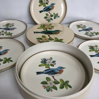 Otagiri Vintage Japan Lacquerware Set Of 6 Coasters,  Matching Case Bird Flowers